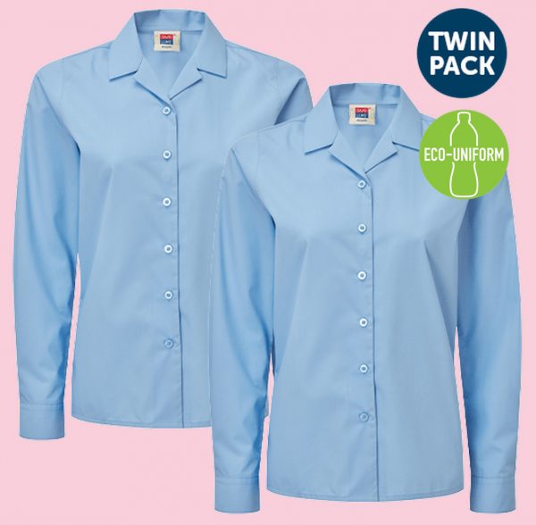 Girls Blue Revere Collar Long Sleeve School Shirts (2 pk)