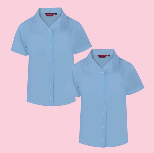 Girls - Non Iron - Short Sleeve Revere Blouse - Blue - 2 Pack TO CLEAR